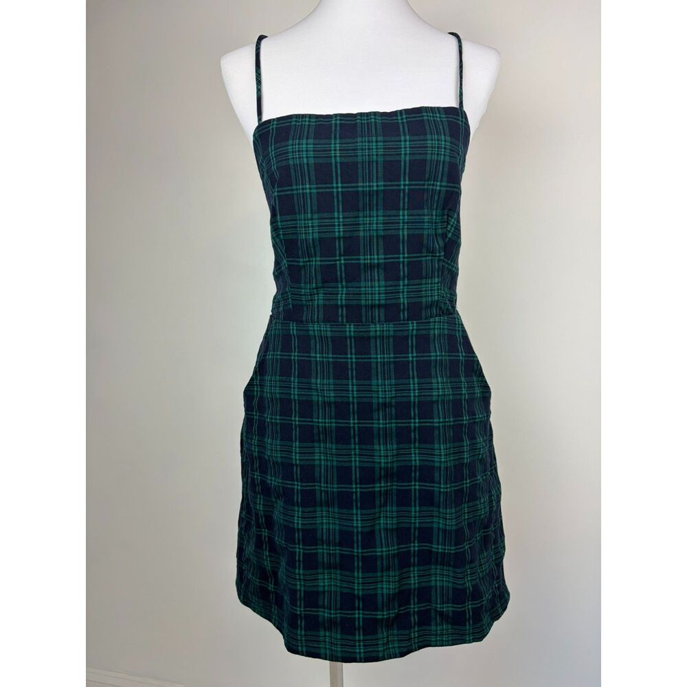 Lulu’s Preppy Academia Navy Plaid Lace-Up Backless Mini Dress L Sweetest Memory
